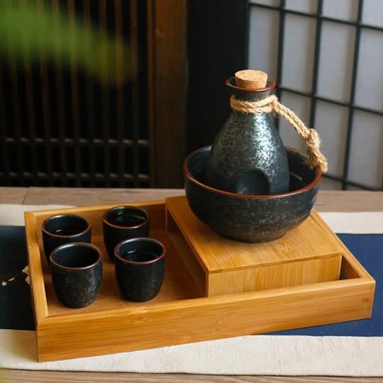 Japanese Hand Painted Black Ceramic Sake Set