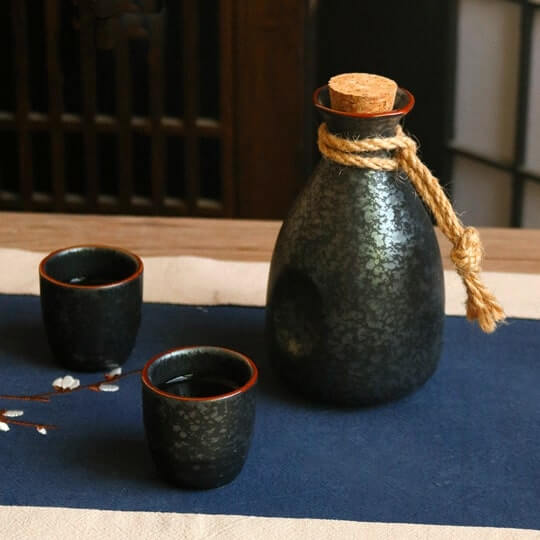 Japanese Hand Painted Black Ceramic Sake Set