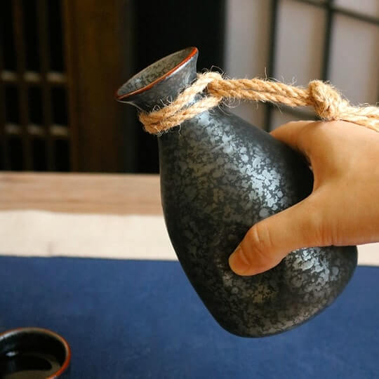 Japanese Hand Painted Black Ceramic Sake Set
