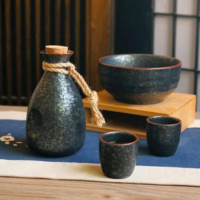 Japanese Hand Painted Black Ceramic Sake Set